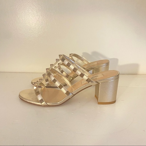 Valentino Rockstud Metallic Calfskin Leather Slide Sandals with Block Heel - Picture 6 of 16